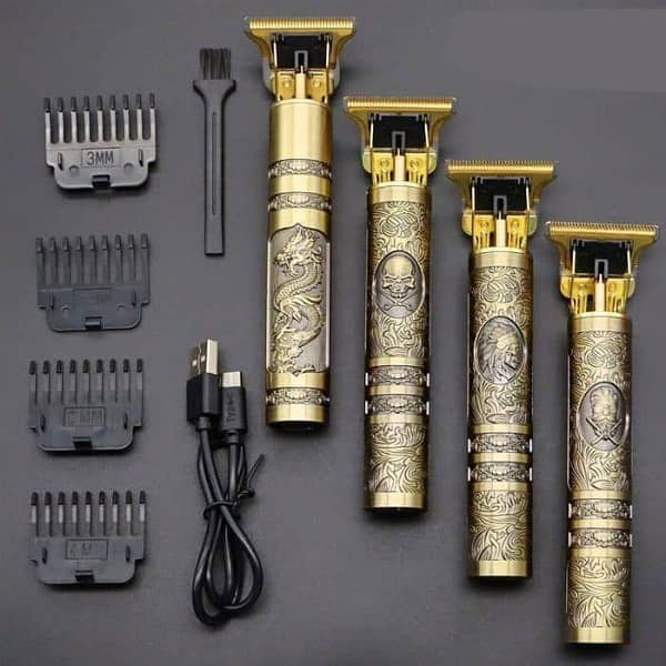 Professional Vintage T9 Hair Trimmer – Engraved Dragon Metal Body – Zero-Gapped T-Blade Cordless Grooming Kit for Men (Gold/Bronze Edition)