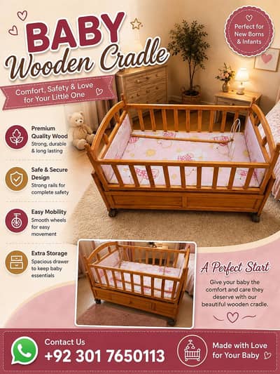 Baby Wooden Cradle with Mattress – Comfortable & Safe Baby Cot