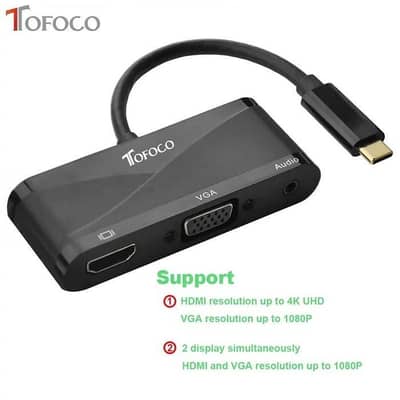 Tofoco USB C To HDMI VGA Audio Adapter,USB 3.1 Type C Male To HDMI 4K