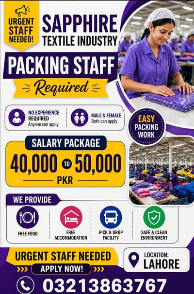 Need staff required in Sapphire textile industry male female both