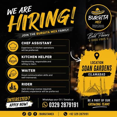 Need Assistant Chef/Kitchen Helper, Waiter, Delivery Rider