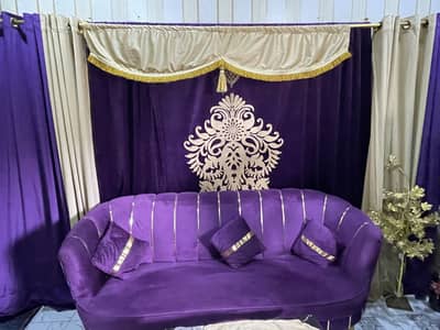 Sofa set with curtains, table, table mat and 2 stools