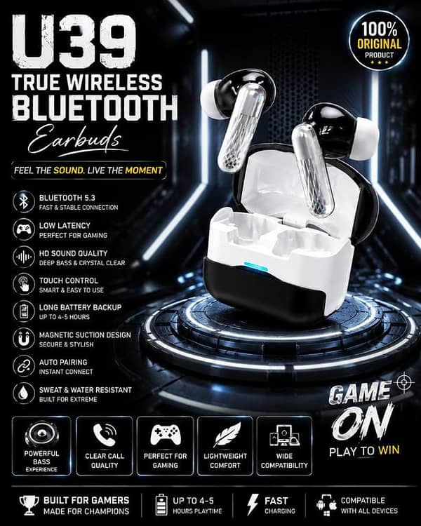 PACK OF 3 PCS ORIGINAL U39 Gaming Earbuds Bluetooth 5.3 Wireless Headphones - Low Latency True Wireless TWS - Deep Bass Sound, 5H Battery, Touch Control, Sweatproof Earphones With Mic Works With All Devices