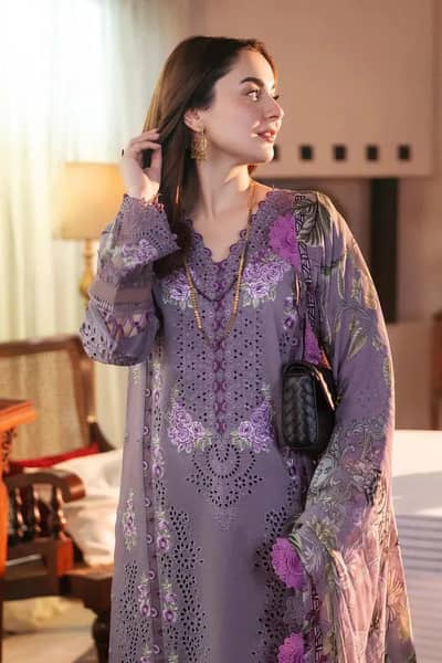 lilac embroidered 3 piece lawn suit for women