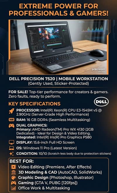 Dell Precision 7520 Workstation |16GB RAM|Condition 10/10 | Dual GPU