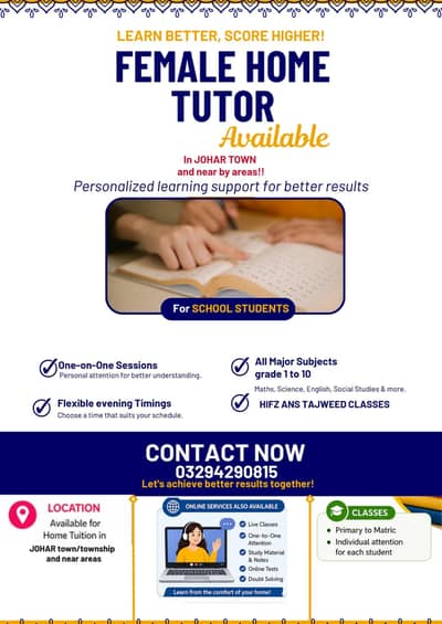 female home+online tutor available in Johar town and near by areas !