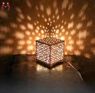 star design laser cut wooden table lamp golden warm  glow