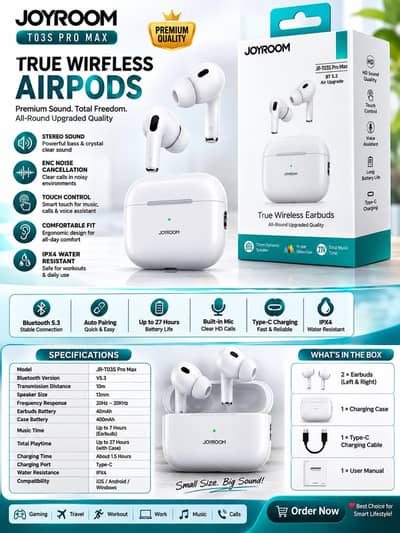 JOYROOM JR-TO3s pro Max wireless Earbuds- Bluteooth 5.3 premium qualit