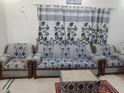 Elegant Blue and White 7-Seater Sofa Set with Table in Bufferzone