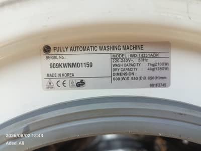 LG FRONT LOAD FULLY AUTOMATIC WASHING MACHINE