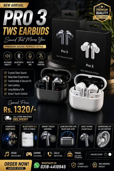 ‎ PRO 3 TWS EARBUDS ‎ Premium Look • Powerful Deep Bass • Clear Sou