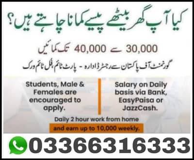 part time job available,Online Earning, Home work.