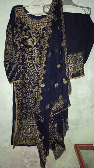 Heavy embroiderd navy blue chiffon 3 piece fancy suit .