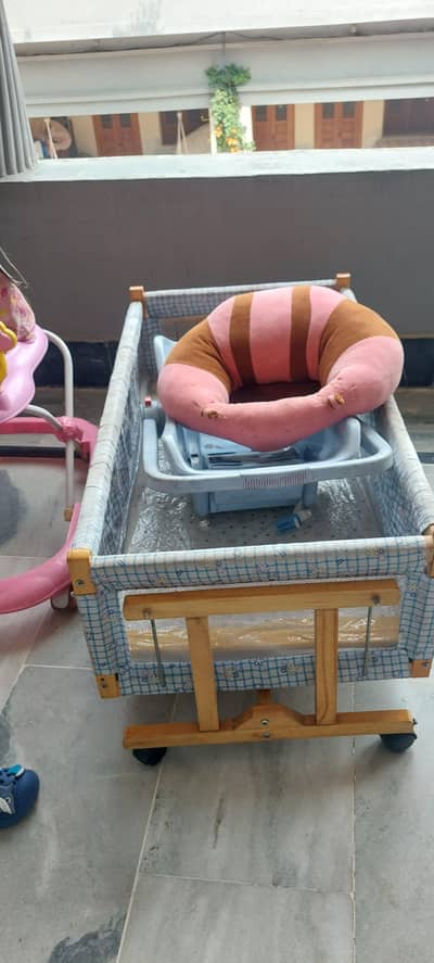 baby cot swing set, walker and sofa