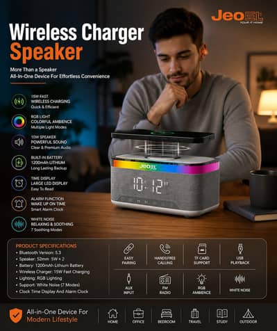 JeoEL 3-in-1 Wireless Charger Bluetooth Speaker – RGB + Alarm Clock