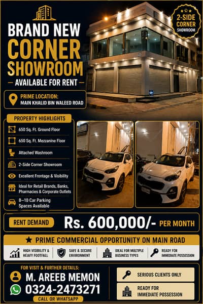 BRAND NEW CORNER SHOWROOM AVAILABLE FOR RENT