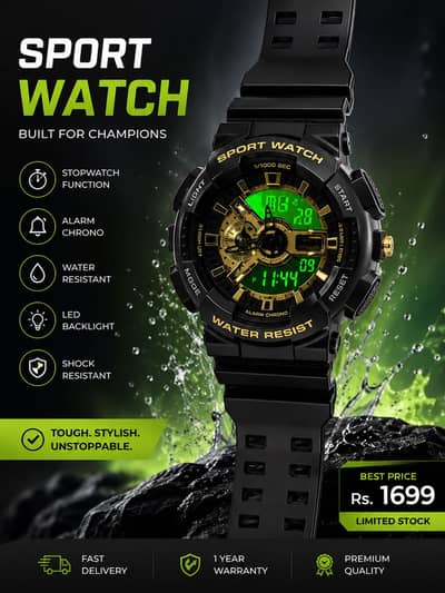 10 by 10 watch water resist black and gold colour limited stock come