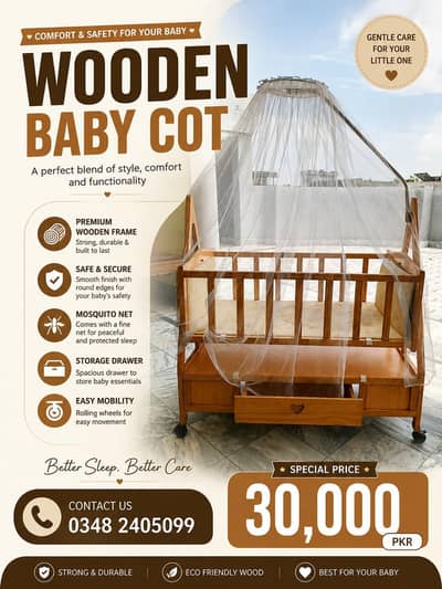Premium Wooden Baby Cot with Mosquito Net & Storage Drawer