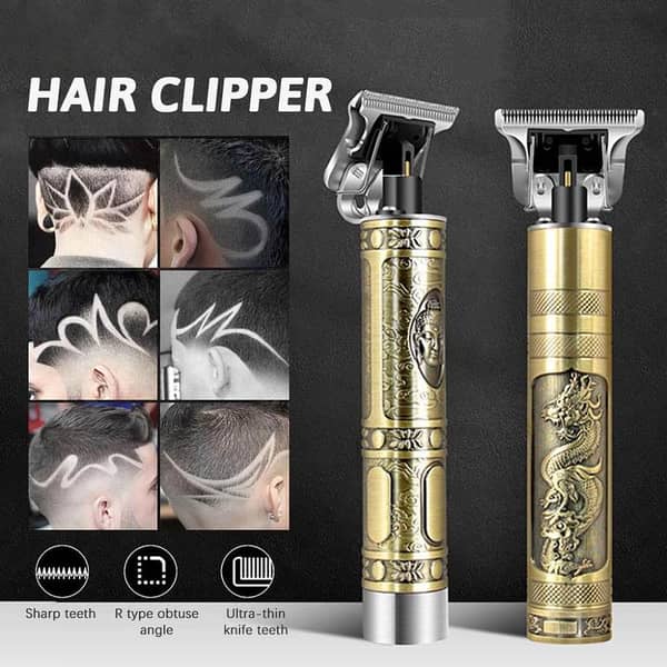 Professional Vintage T9 Hair Trimmer – Engraved Dragon Metal Body – Zero-Gapped T-Blade Cordless Grooming Kit for Men (Gold/Bronze Edition)