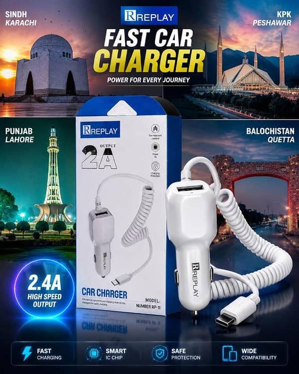 PACK OF 2 PCS REPLAY 2.4A Fast Car Charger Adapter with Strong Coiled Cable | Smart IC Chip Rapid Charging & Multi-Protection Safety | Heavy Duty Universal Dual USB Car Charger for All Smartphones (Model: RP-11)