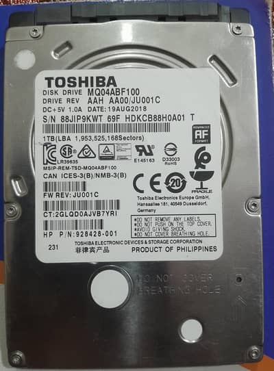 TOSHIBA 1TB SATA HDD with 100 Health – Excellent Condition