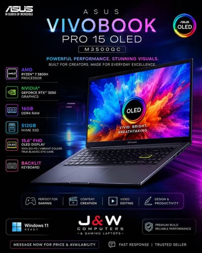 ASUS VIVOBOOK PRO 15/RYZEN 7/RTX 3050/OLED 15 INCH GAMING/DESIGNING