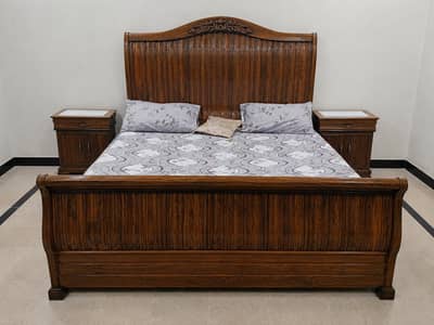 wooden bed set in pure shesham wood with two side tables
