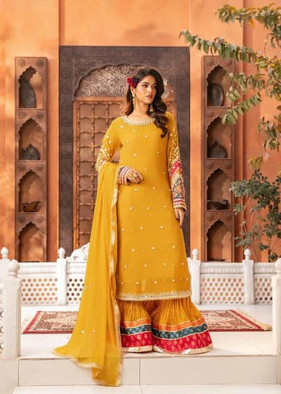 mustard crush sharara with long shirt/mehndi outfit