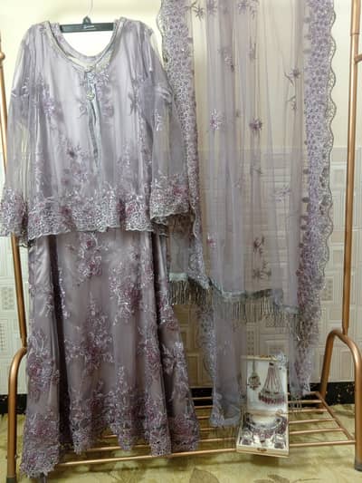 Lilac-Pink Silver Bloom – Embroidered Net Maxi with Upper