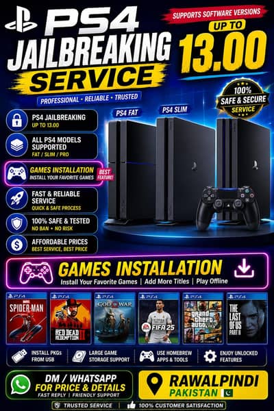 PS4 Jailbreaking Service upto 13.00 + Games Installation, Rawalpindi