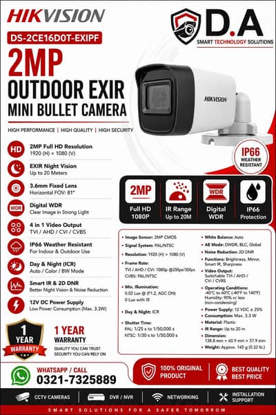 2MP FULL HD CAMERA HIKVISION 1080P resolution 20m IR