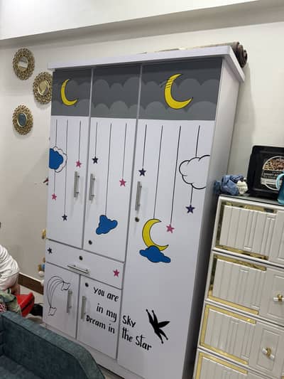 pearl white with golden acrylics full bedroom set with kid cupboard