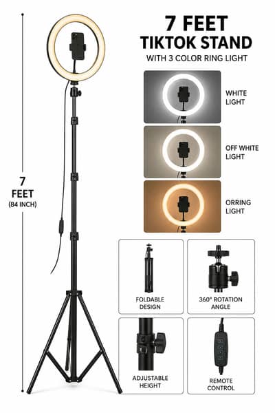 7 Feet TikTok Ring Light Stand with Mobile Holder – 3 Color Mode
