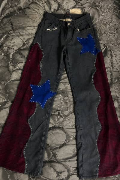 Hand stitched Y2K Star Patch Flared Jeans | Unisex | Waist 28–32