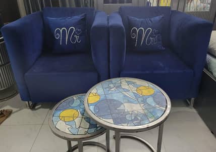 Modern Blue Sofa Set with 2 Tables + Free Mr & Mrs Cushions
