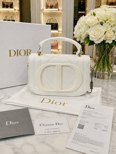 Dior 30 Montaigne Glossy White Patent Top-Handle Bag