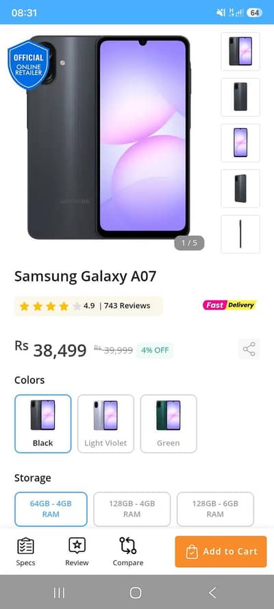 Samsung A07 (7 months warranty) 4gb 64gb
