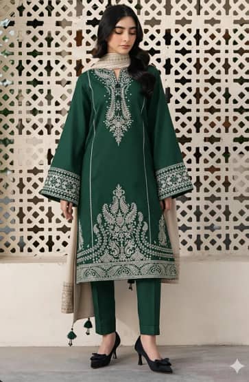 Green Lawn 3-Piece Suit with Silver Embroidery for Women