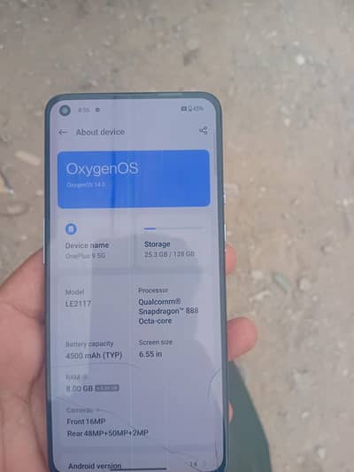 One Plus 9 single sim 8/128 pta approve 2 Line touch glass halka crack