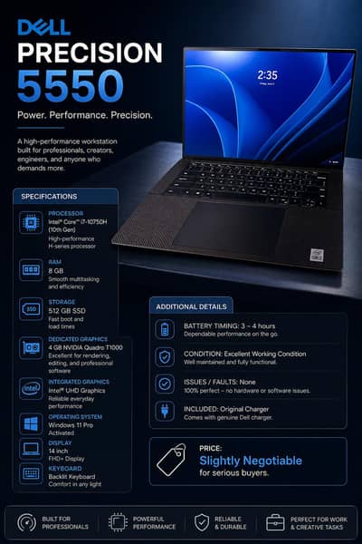 Powerful Dell Precision 5550 laptop | i7-10 gen | 8-512 GB For Pro