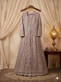 Heavy Embroidered Lilac organza Front-Open gown Maxi Size M/L length54