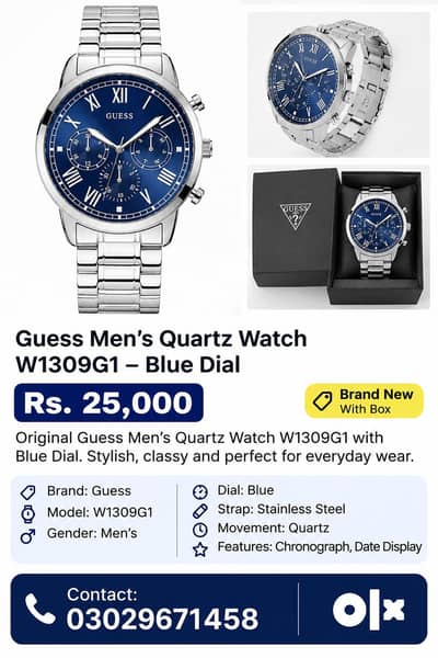 Guess Men's Quartz watch W1309G1 - Blue dial