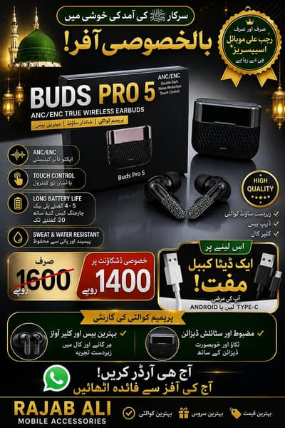 Buds Pro 5 Wireless Bluetooth Earbuds ANC ENC Touch Control Black