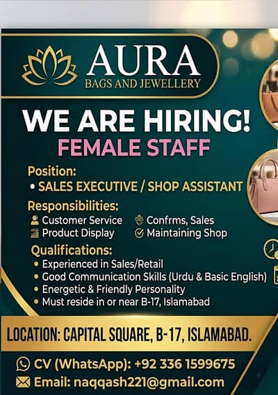 Female staff required for jewellery shop