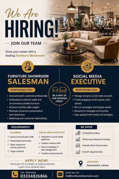 Furniture Showroom Salesman & Social Media Executive Required