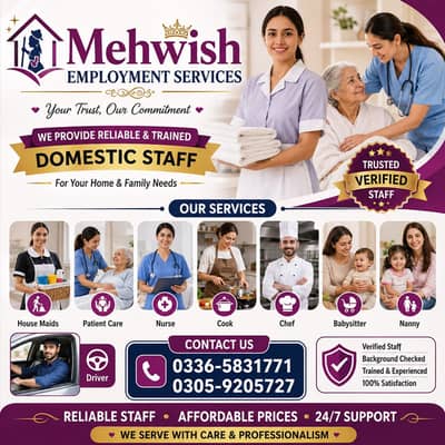 Babysitter, House maid, Cook , Nanny , Couple , Drivers ,Patient care