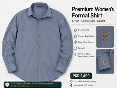 HASHIZ Women’s Formal Shirt – Blueish Grey, Gold Buttons