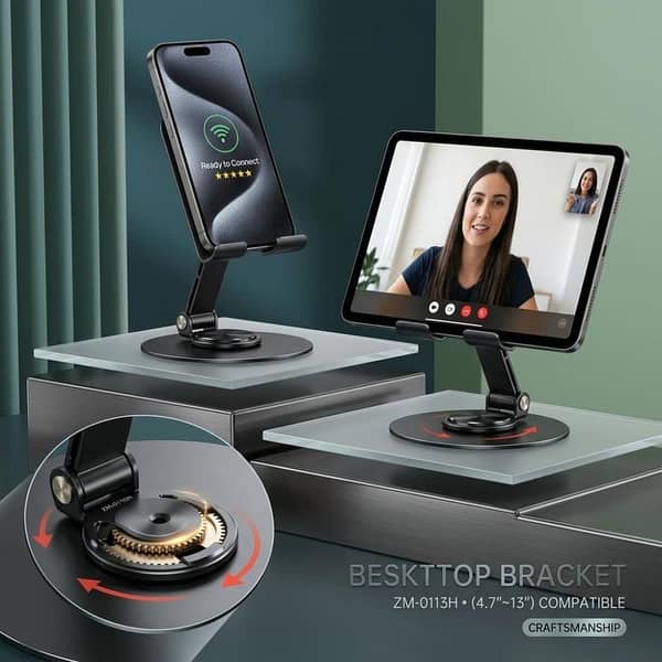 PACK OF 2 PCs Premium Metal Desktop Bracket - 360° Rotating Universal Mobile & Tablet Stand - Foldable Multi-Angle Adjustable Heavy Duty Holder For Desk, Office, iPhone, iPad, Switch (4.7" to 13")