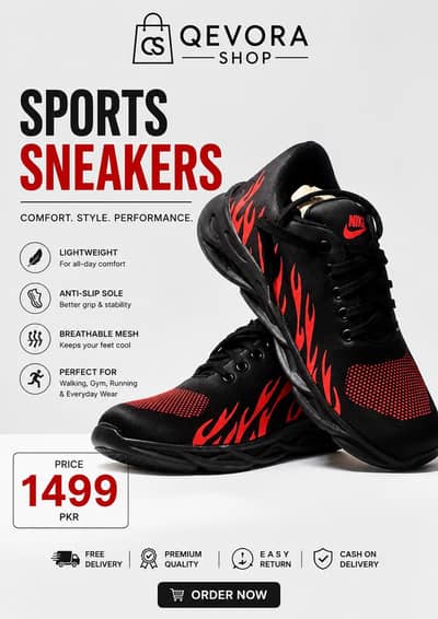 Men’s Black & Red Sports Shoes | Stylish Running Sneakers |