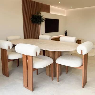 Modern travertine & boucle oval dinning set with sculptural wooden